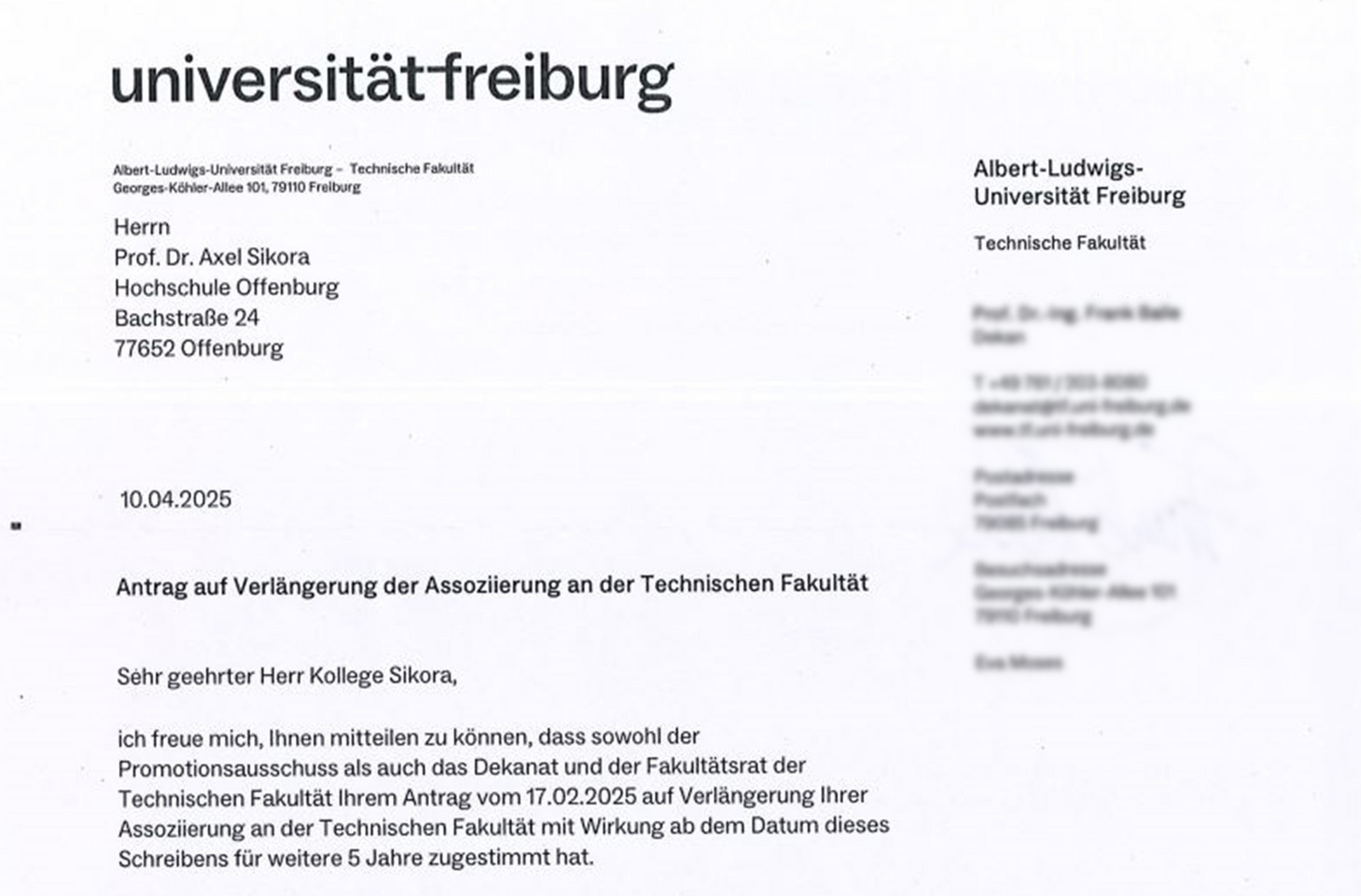 Ausschnitt des Bestätigungsschreibens