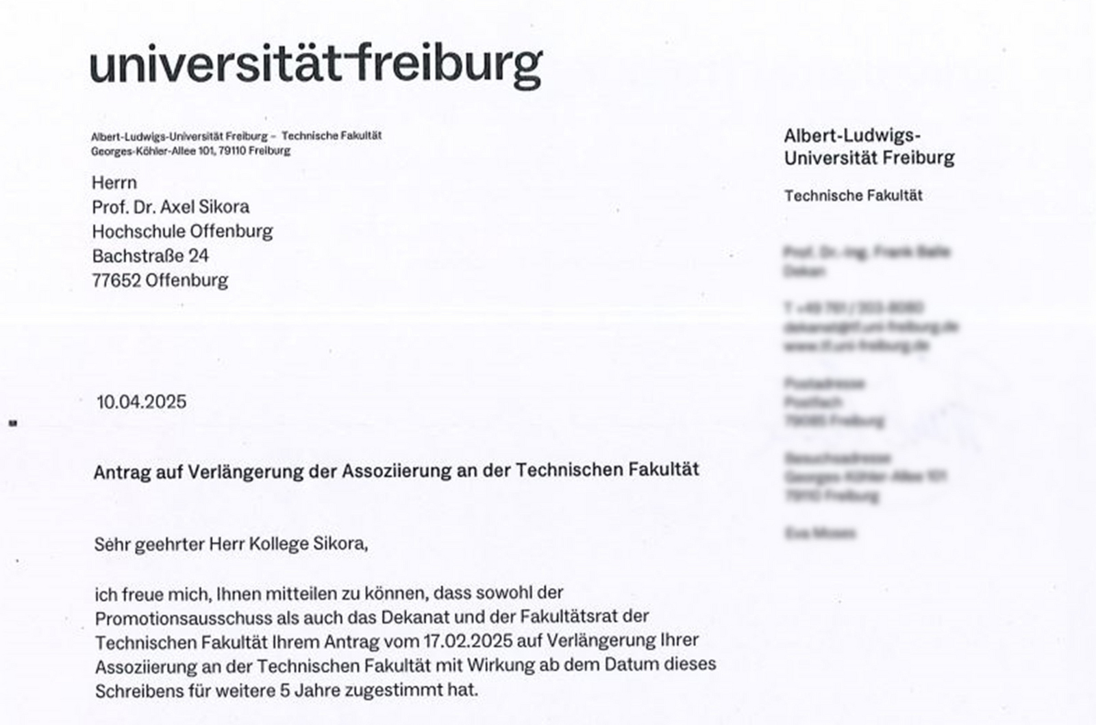 Ausschnit des Bestätigungsschreibens