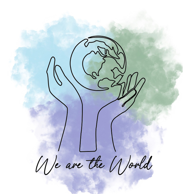 vor drei Aquarellwolken sind zwei Hände gezeichnet die die Weltkugel halten. Darunter steht We are the world