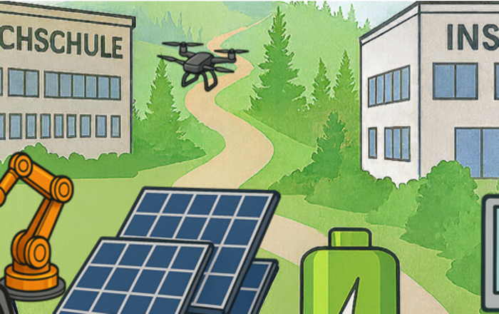 Gemaltes Bild zeigt zwei von Wald umgebene Gebäude auf einem steht Hochschule auf dem anderen Institut und dazwischen beziehungsweise darunter Drohnen, Roboterarme, PV-Module, Batterien und Bildschirme 