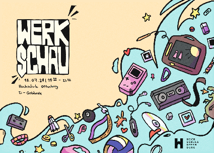 Postkarte mit einer gezeichneten Welle voller Mediengegenstände wie Handy, Radio, TAstatur