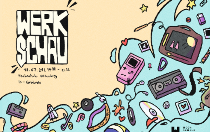 Postkarte mit einer gezeichneten Welle voller Mediengegenstände wie Handy, Radio, TAstatur