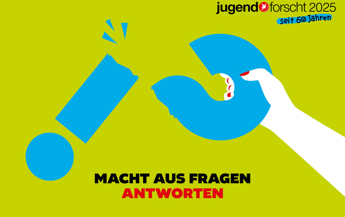 Plakat zum Jugend forscht-Landeswettbewerb 2025 eine weiße gezeichnete Hand auf grünem Grund zerbricht ein blaues Fragezeichen darunter steht in schwarz und rot Macht aus Fragen Antworten