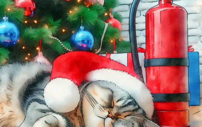 Eine mit KI im Wasserfarb-Stil gezeichnete schlafende Katze vor einem geschmückten Weihnachtsbaum und einem Feuerlöscher