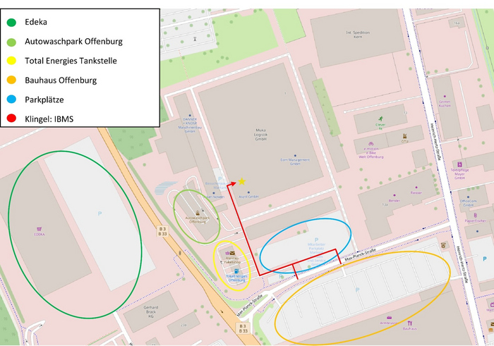 Die Anfahrt zum Campus West markiert auf OpenStreetMaps 