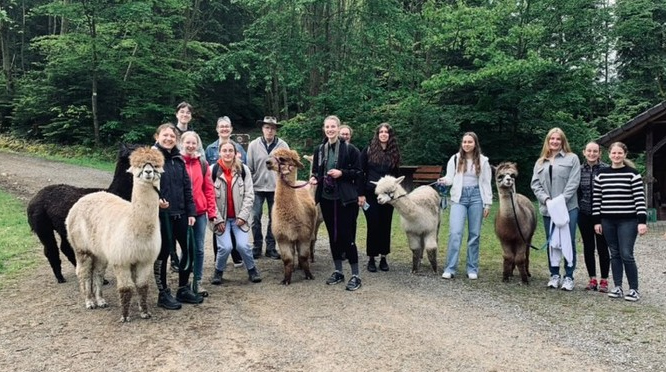 Gruppenfoto der Teilnehmenden und Alpakas