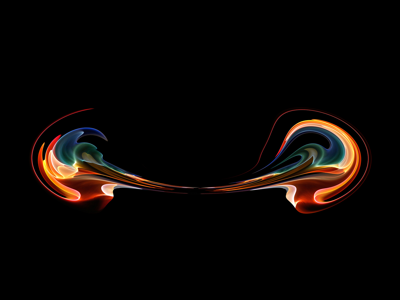 Zwei farbige Lichtwirbel werden in eine schwarze Fläche hineingezogen 