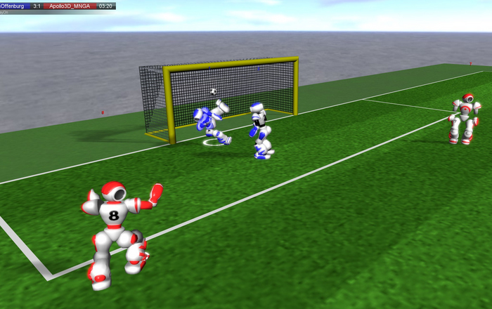 Spielszene der simulierten Roboter vor dem Tor