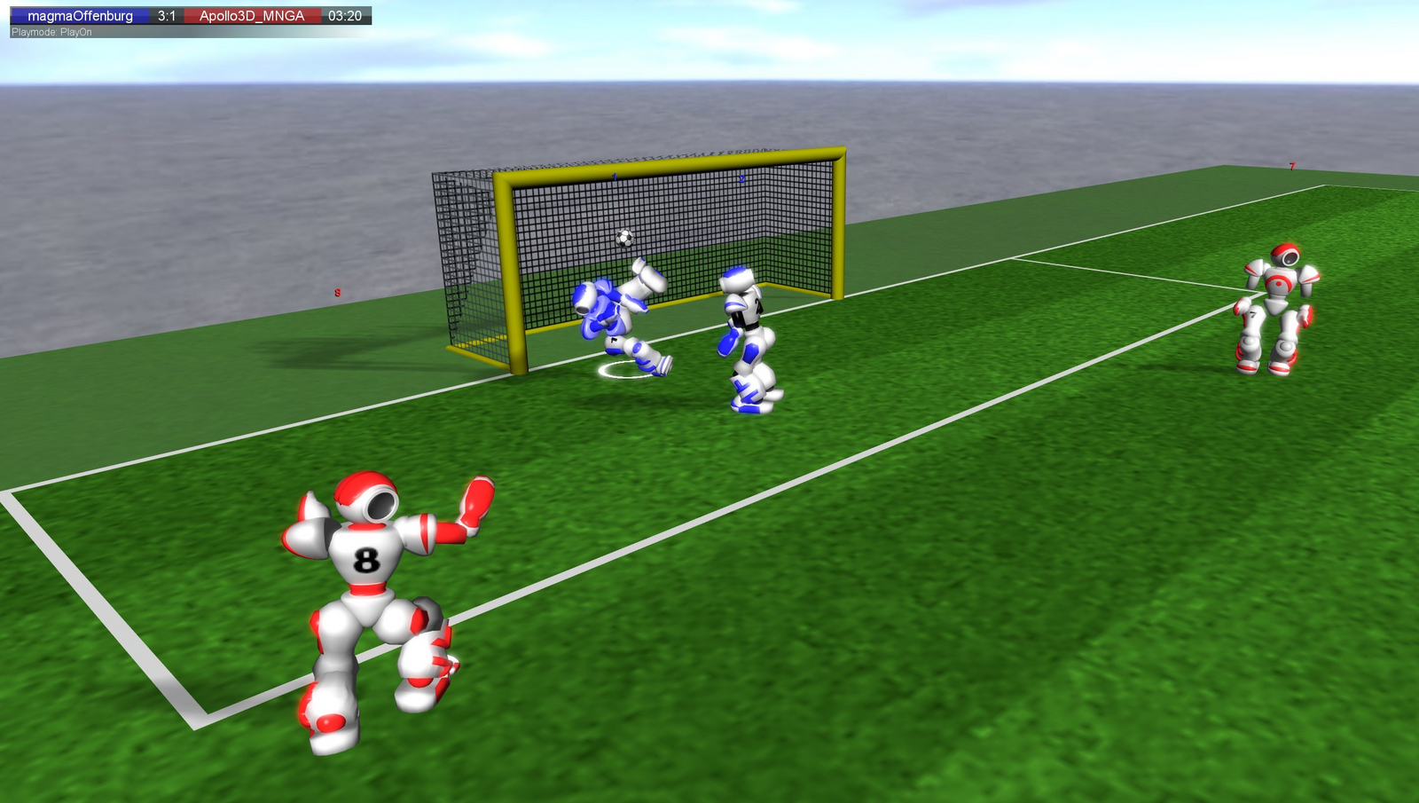 Spielszene der simulierten Roboter vor dem Tor