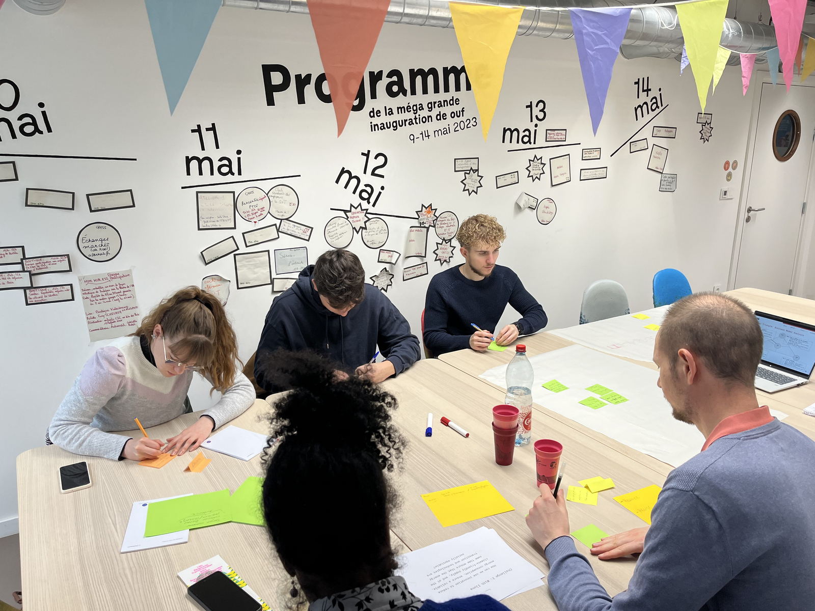 Eine Gruppe von Teilnehmern, die Ideen auf Papier notieren und gemeinsam an einem Projekt zum Thema Nachhaltigkeit arbeiten 