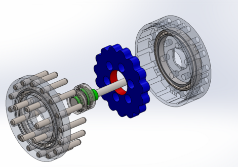 Die Baugruppe Zykloidgetriebe mit der blau hervorgehobenen Zykloidenscheibe