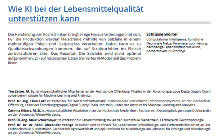 Ein Dokument, über wie KI bei der Lebensmittelqualität unterstützen kann. Enthält Abschnitte über Schlüsselwörter und Mitwirkende.
