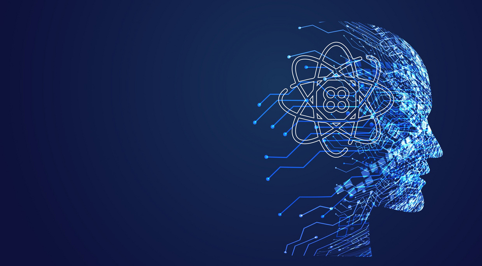 Auf blauem Hintergrund ist ein stilisierter Kopf aus Datenverbindungen zu sehen