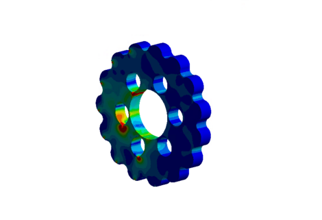 Die Simulationsergebnisse der Festigkeitsberechnung der Zykloidenscheibe (dargestellt durch den Farbverlauf)