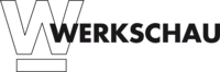 Das Logo der Werkschau. Hinter eine großen weißen W mit weißem Strich drunter steht in schwarz Werkschau 