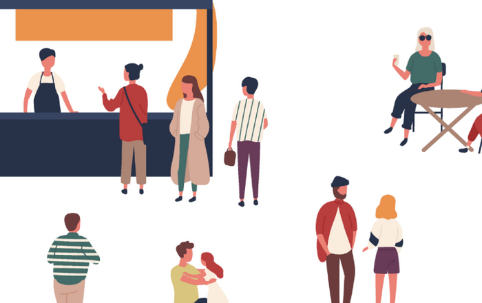 ein gemalter Markt mit Ständen und Menschen dazwischen