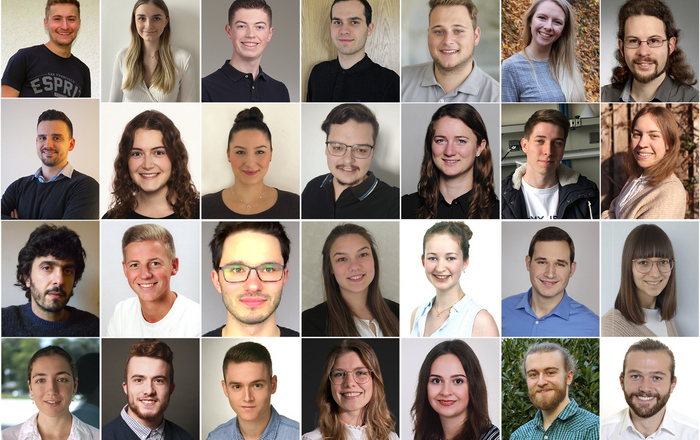 Das Mosaikbild zeigt 28 Porträtfotos von Deutschlandstipendiaten