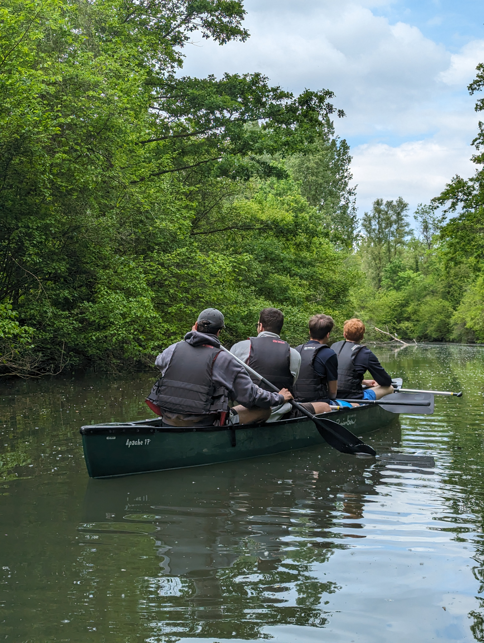 Vier Teilnehmende im Kanu auf dem Wasser