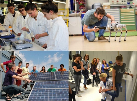 Collage aus vier Bildern, die junge Menschen im Labor, mit einem Roboterhund, an einer Photovoltaikanlage auf dem Dach und bei einer Fußuntersuchung zeigen.