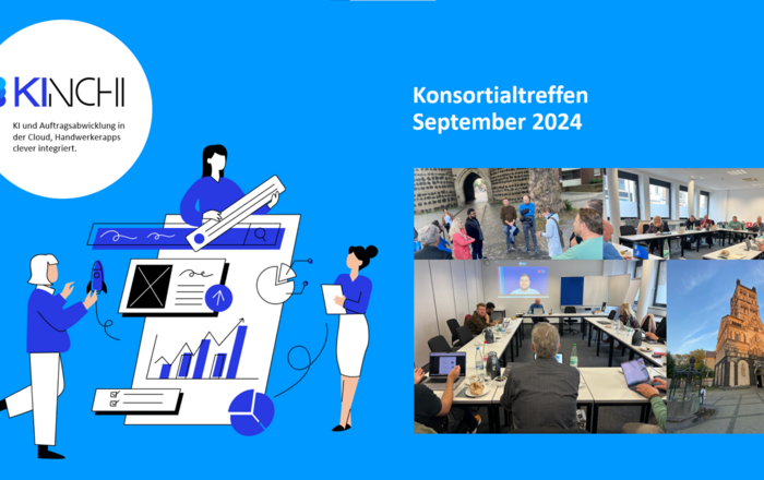 Eine Kollage der Kinchi-Veranstaltung mit Fotos von Präsentationen, Gruppendiskussionen und einer Szene im Freien, beschriftet mit dem Namen „Konsortialtreffen September 2024“.