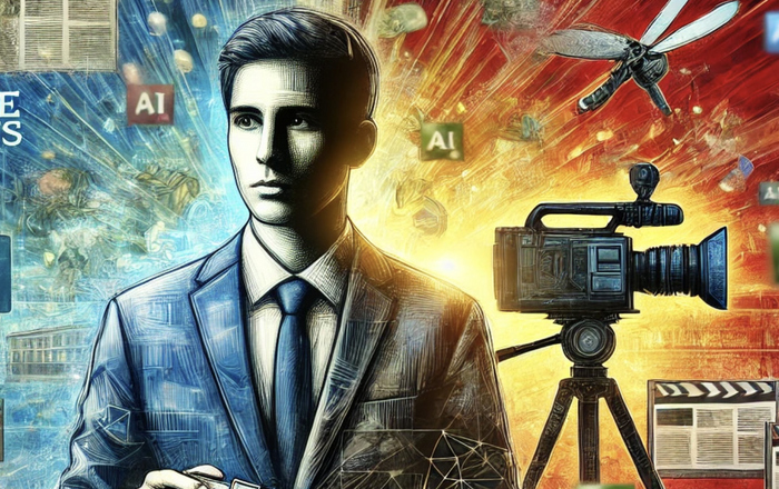 KI generierte Grafik zeigt einen Mann im Anzug, eine Filmkamera und Worte wie Fake News und AI