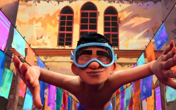 Ein Junge mit einer Tauschbrille schwebt durch einen kirchenähnlichen Raum