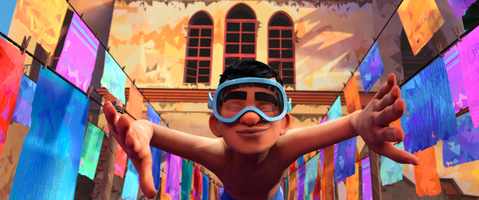 Ein Junge mit einer Tauschbrille schwebt durch einen kirchenähnlichen Raum