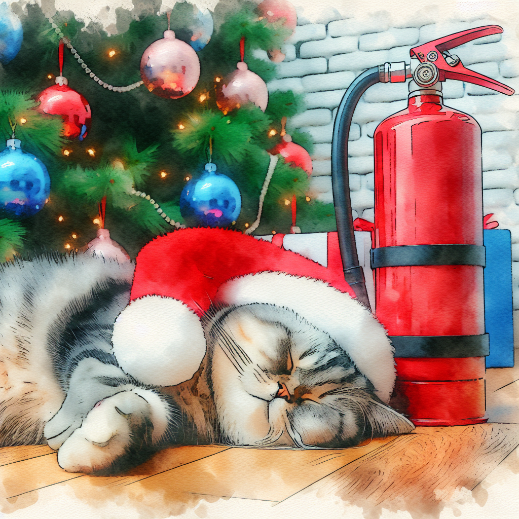 Eine mit KI im Wasserfarb-Stil gezeichnete schlafende Katze vor einem geschmückten Weihnachtsbaum und einem Feuerlöscher