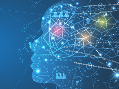 Eine KI-generierte GRafik zeigt die Silhouette eines Kopfes mit Punkten, Linien und Symbolen eines Computernetzwerks darauf 