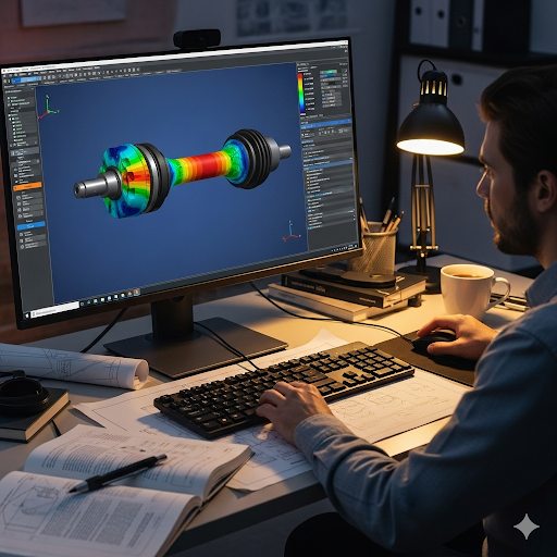 Student vor Bildschirm mit Konstruktionzeichnung dreidimensional und in Farbe 