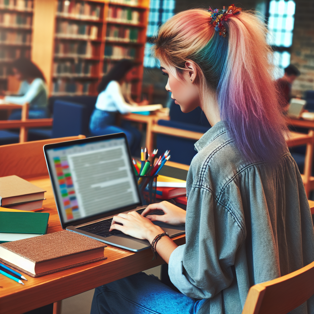 Studentin die an einem Laptop arbeitet